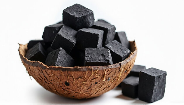 Coconut shell charcoal cubes in a rustic coconut husk bowl, isolated on white background. Sustainable energy and hookah fuel.