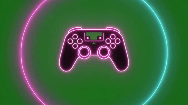 Neon Illuminated Gaming Controllers Arranged in Rows on Vibrant Green Background with Glowing Effects