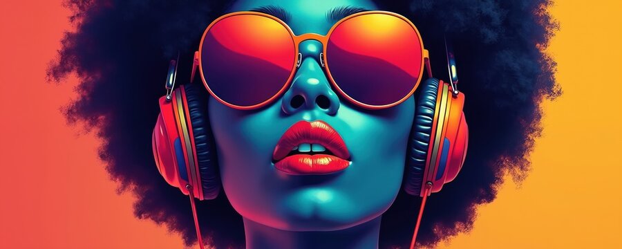 Pop art portrait of afro woman with sunglasses and headphones. Vibrant blue skin and bright red lips stand out. Retro style illustration with groovy graphic design and funky urban vibe.