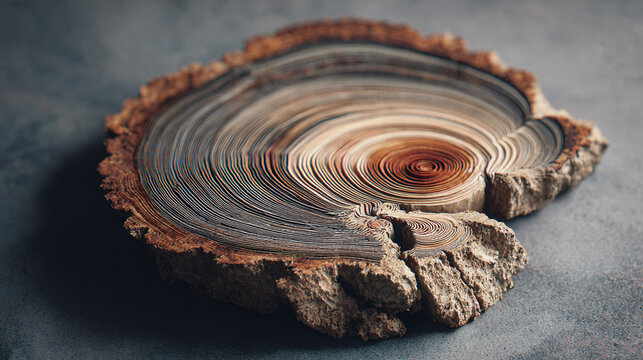 A detailed view of a petrified wood slice, showcasing concentric rings and textures. The slice exhibits various shades of brown and beige, revealing the intricate patterns of the petrified process