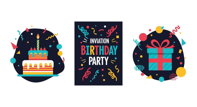 Birthday Party Invitation Card Design with Cake, Gift Box, and Confetti Illustrations