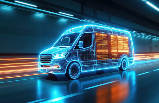 Futuristic delivery van moves fast through neon lit tunnel. Digital wireframe vehicle glows with blue and orange light. Speeding transport represents logistics innovation and future tech.