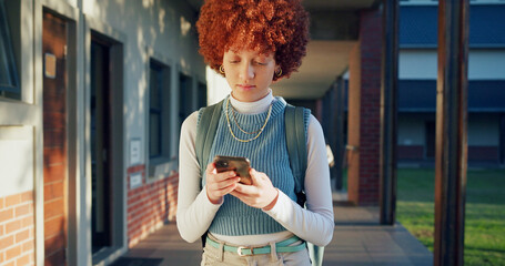 Phone, typing and student at school for education with networking, texting and contact on mobile...