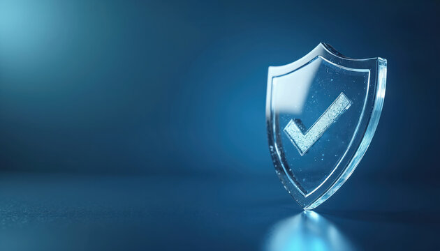 Glass shield with checkmark inside on blue gradient. Symbolizes security, safety, and approval. Ideal for concepts about trust, verification, and protection services.