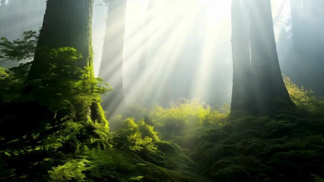 Beautiful sunbeams piercing through the canopy of a lush green forest with moss-covered trees and misty atmosphere.