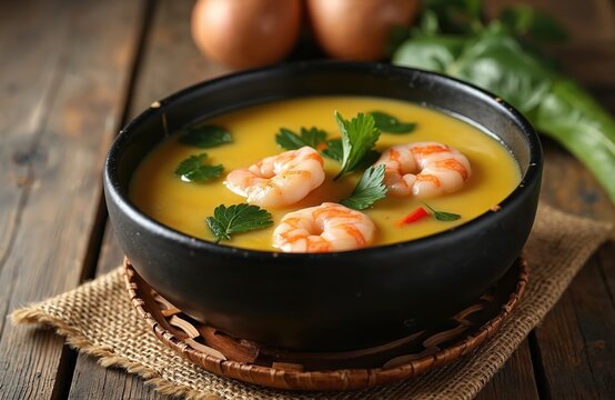 Bowl of Brazilian Tacaca soup with shrimp, jambu leaves, and tucupi broth. Exotic Amazonian dish served hot with fresh herbs on rustic wooden table.