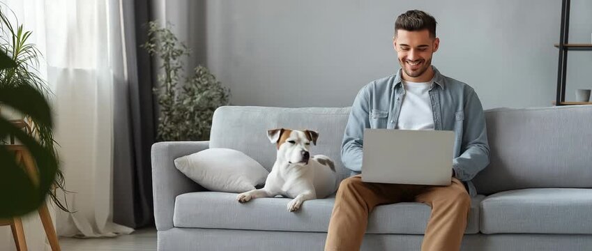 Men using a laptop while sitting on a sofa with his dog at home, remote work