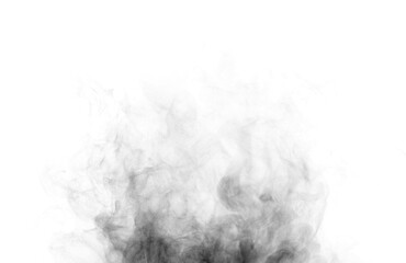 Abstract black smoke and cold steam on a white background with rising mist, vapor, fog, and haze. smog isolated in light and dark tones. creating a soft, atmospheric effect, food, coffee, cigarette