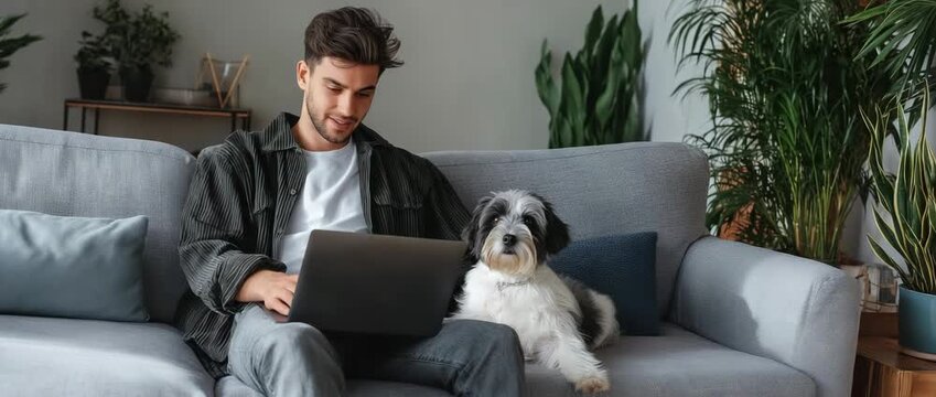 Men using a laptop while sitting on a sofa with his dog at home, remote work