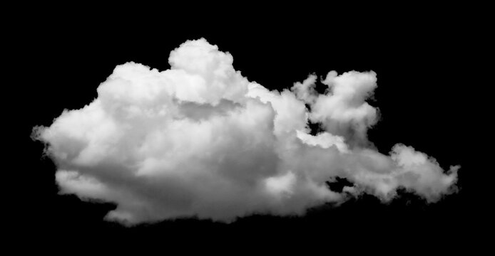 abstract white fluffy cloud on an isolated black background. floating softly with a light texture, blending with smoke on sky, design use. cloud transparent in nature