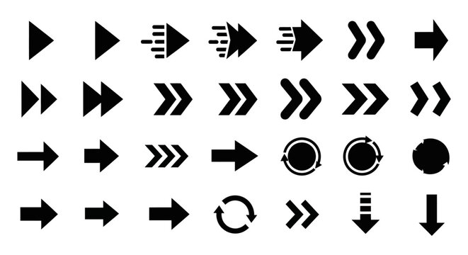 A collection of various arrow icons and symbols, including play, fast forward, double arrows, and circular arrows.