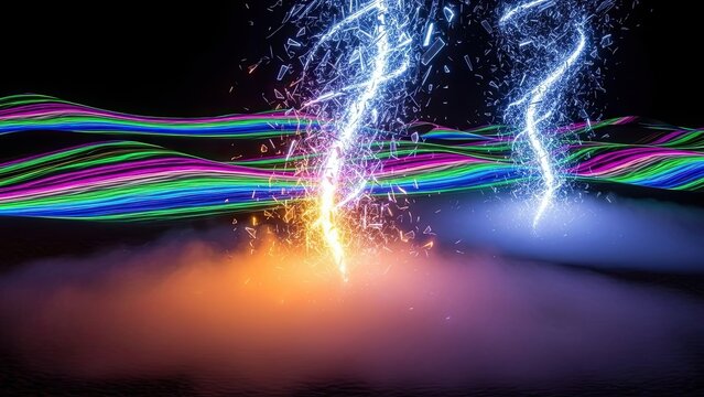 Dynamic display of colorful electrical arcs and vibrant light streaks in a dark environment