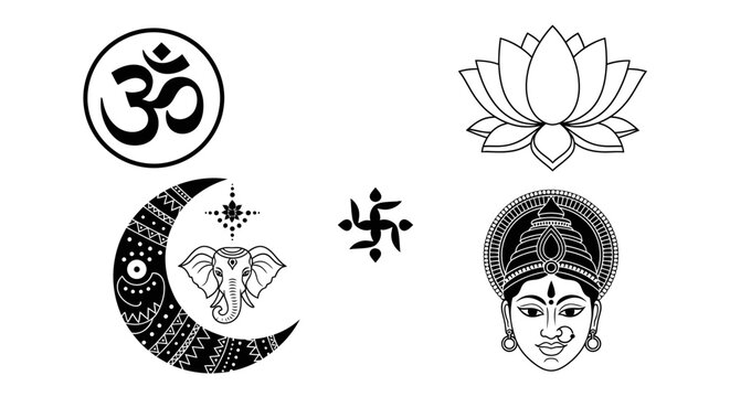 A collection of religious and spiritual symbols including Om, a lotus flower, a crescent moon with an elephant, a swastika, and a depiction of a Hindu goddess.