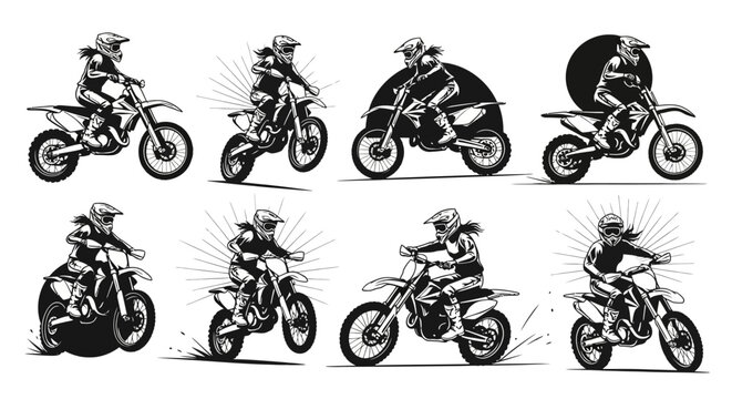 Collection of eight dynamic illustrations of motocross riders in action, showcasing various poses and movements.