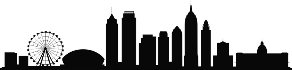 Obraz premium Black silhouette city skyline vector illustration with skyscrapers, dome building, ferris wheel, stadium architecture urban landscape design background