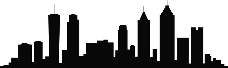 Obraz premium Black silhouette urban city skyline vector illustration with skyscrapers, modern architecture, metropolitan landmark design, downtown buildings, stylized urban landscape graphic