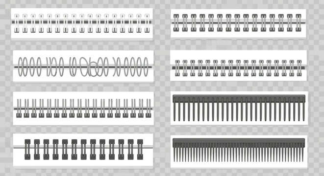 Collection of various types of spiral and comb binding elements for notebooks and documents.