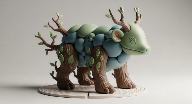 Stylized sculpture of an imaginary creature blending natural elements like wood and foliage