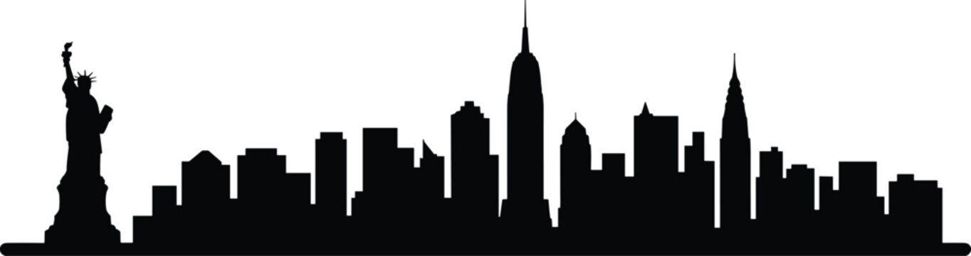 Iconic New York City skyline silhouette featuring Statue of Liberty, Empire State Building, Chrysler Building, urban architecture, tourism, culture, and landmark illustration