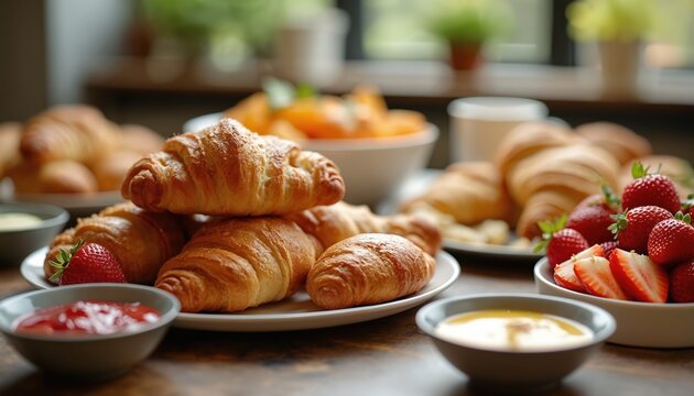 Freshly baked croissants with strawberries and jam are set on a table for breakfast meeting. Enjoy a delicious start to your business day with pastries and fruit. Morning meal preparation.