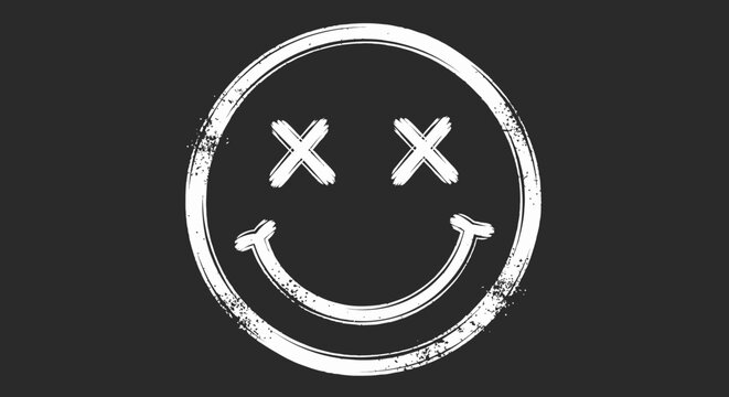 A distressed white smiley face with 'X' eyes on a black background.