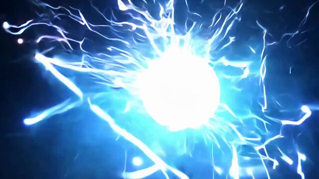 Plasma Sphere With Electric Blue Energy Bolts. Close-up of a plasma ball discharging bright blue and white electrical sparks and lightning filaments in the dark.