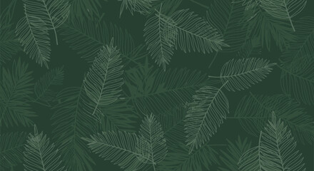 A dark green background with a repeating pattern of light green palm frond outlines. © Alule