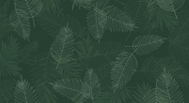 A dark green background with a repeating pattern of light green palm frond outlines.