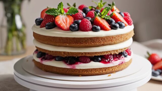 Seamless loop of a triple layer berry cake slowly rotating on a minimal white turntable showcasing the mint garnish and luscious cream delicious, confectionery, marketing