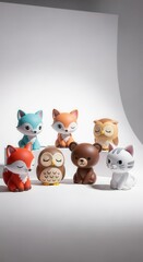 Obraz premium Assortment of cute, stylized forest creature figurines displayed against a white background