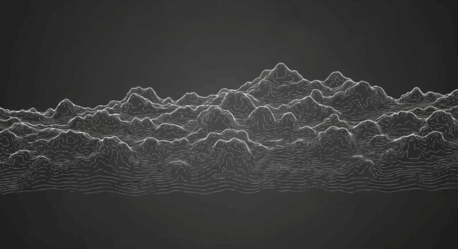 A detailed wireframe rendering of a rugged, mountainous landscape with a dark, gradient background.
