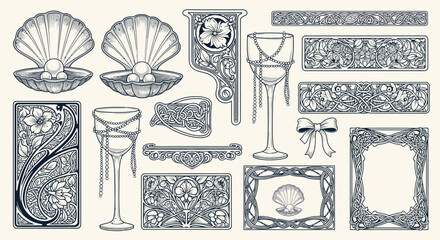 Elegant Art Nouveau vector set featuring seashells, pearls, floral frames, and decorative goblets. © Alule