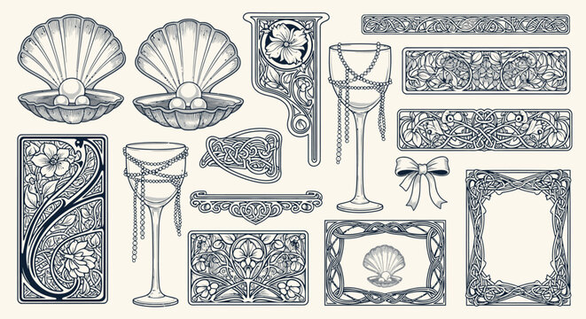 Elegant Art Nouveau vector set featuring seashells, pearls, floral frames, and decorative goblets.