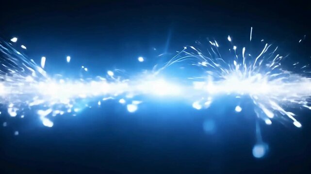 Horizontal Blue Electrical Beam With Particle Sparks. Abstract energetic line of blue electricity discharging particles and light on a dark background.
