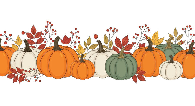 A festive horizontal border illustration featuring a variety of pumpkins in different colors and sizes, adorned with autumn leaves and berries.