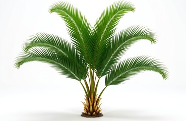 Obraz premium Green palm tree with detailed fronds stands isolated on a clean white background. Lush tropical foliage creates natural ambiance. Perfect for summer vacation themes or nature designs.