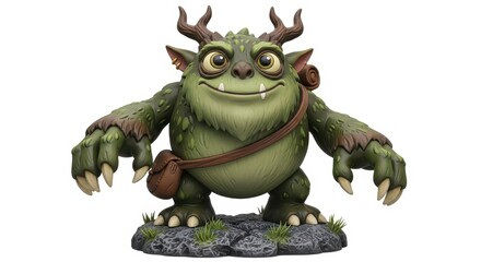 Fototapeta premium Portly green mythical creature figure stands upon rocky terrain against a white background