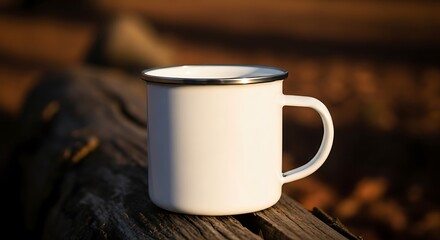 A white enamel mug with a silver rim on a wooden surface