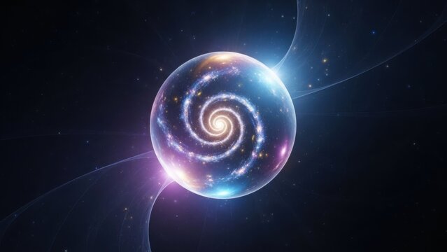 Futuristic Cosmic Sphere Depicting Spiral Galaxy and Interstellar Phenomena