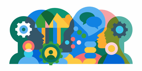 Abstract illustration of heads filled with colorful icons and symbols