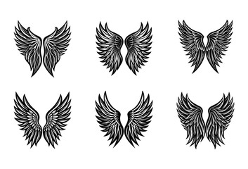 Naklejka premium Collection of Six Stylized Black and White Angel Wing Featuring Intricate Feather Details and Varied Shapes Arranged in Two Rows on a White Background for