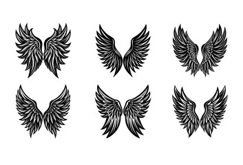 Collection of Six Stylized Black and White Angel Wing Featuring Intricate Feather Details and Varied Shapes Arranged in Two Rows on a White Background for