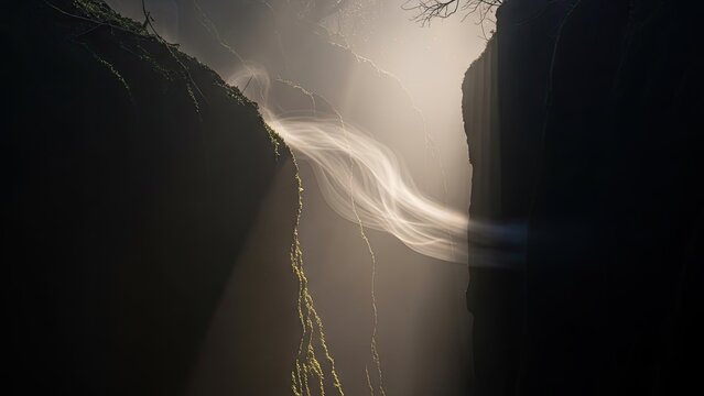 dramatic waterfall cascading between towering cliffs with mist and sunlight illuminating the scene