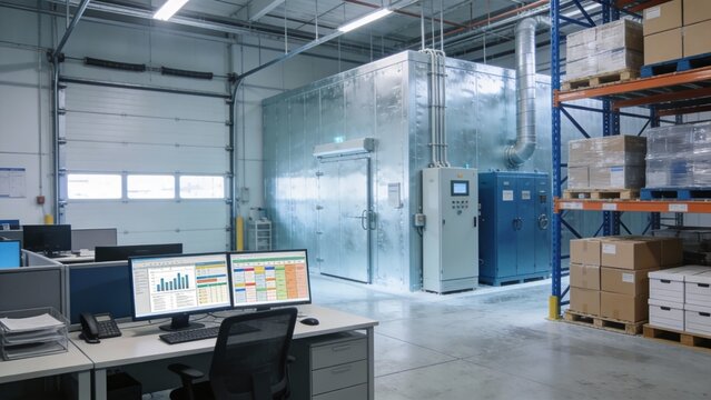 Modern warehouse office with computer dashboards, industrial climate chamber and control panel, clean logistics workspace for quality testing and supply chain planning
