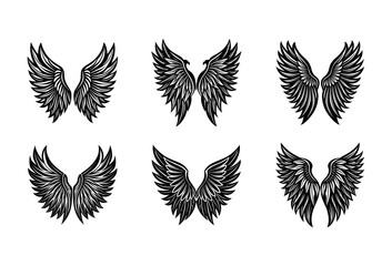 Fototapeta premium Six distinct black and white of feathered angel wings arranged in two rows of three, each pair showcasing unique feather patterns and wing shapes, presented on a clean white background, emblem or