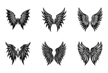 Obraz premium Collection of Six Stylized Black and White Wing Featuring a Variety of Feathered and Bat-like Styles Arranged in Two Rows of Three on a White Background Tattoo or Emblems