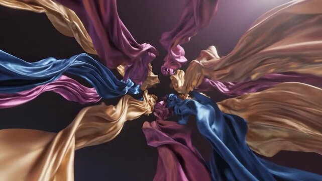 Flowing, iridescent fabrics in shades of gold, purple, and blue swirl dynamically