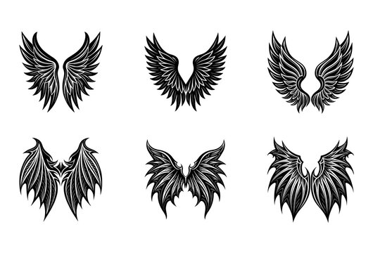 A compilation of six unique black and white of stylized wings, featuring a variety of shapes from feathered angelic to sharp demonic and dragon-like forms, each with intricate line work and bold