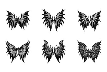 Obraz premium A compilation of six black tribal wing arranged in a two-by-three grid on a white background, displaying diverse wing shapes from delicate feathered styles to more aggressive, spiky demonic or