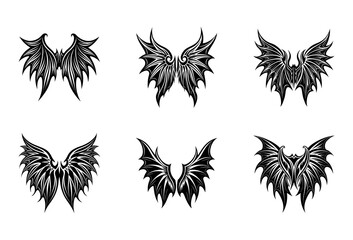 Obraz premium Group of Six Black Fantasy Wing with Ornate Feather Details and Spiky Outlines Arranged Symmetrically on a White Isolated Surface for Decorative Use